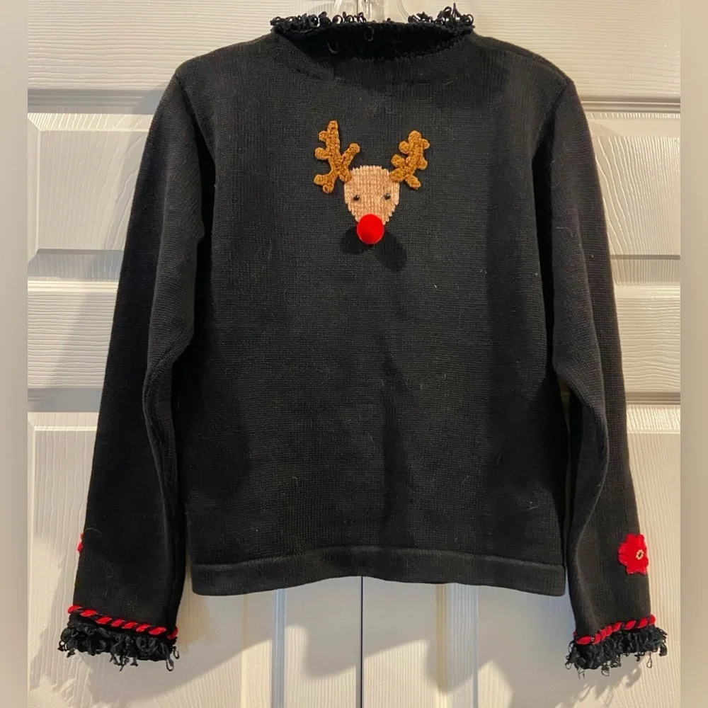 Jack B Quick Black Collared Christmas Reindeer Embellished Cardigan Petite Small
